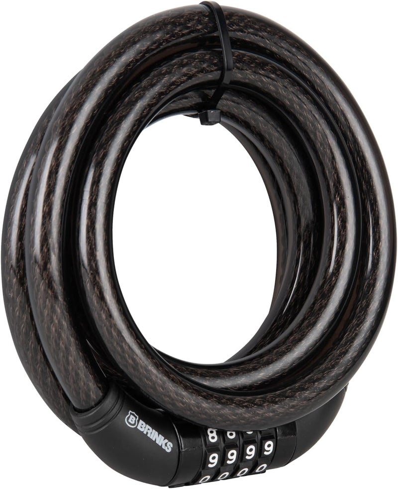 BRINKS 6 ft Outdoor Heavy Duty Bike Lock Cable, Thick, Anti Theft Self-Coiling Design, Resettable 4-Dial Combination, 5/8" Weather-Resistant Vinyl Coating for Bikes - Image 1